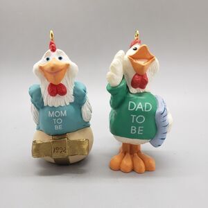 Set 2 Hallmark Ornaments Mom / Dad To Be Chicken Rooster 1992 Baby Shower Parent